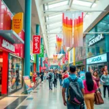 Colorful storefronts and shoppers engaged in lively retail activity at Jacaranda Shopping complex