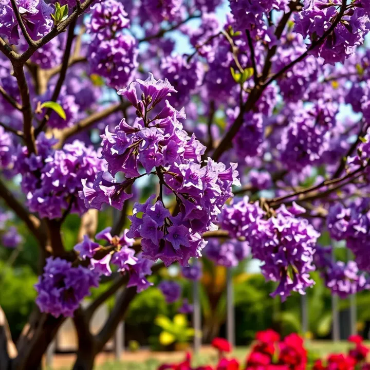 Vibrant purple jacaranda tree blooming in a bright Nigerian garden