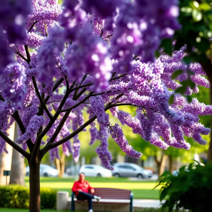 Vibrant purple jacaranda tree blooming in a city park setting
