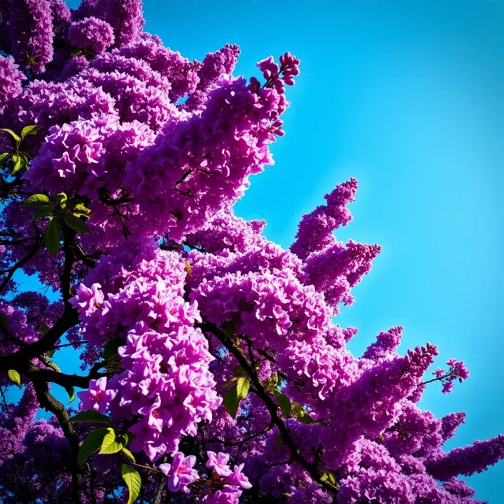 Jacaranda tree with vibrant purple flowers blooming under a clear blue tropical sky
