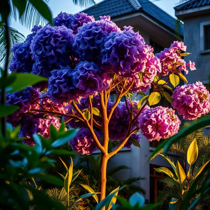 Urban Nigerian garden featuring a flourishing jacaranda tree surrounded by tropical plants
