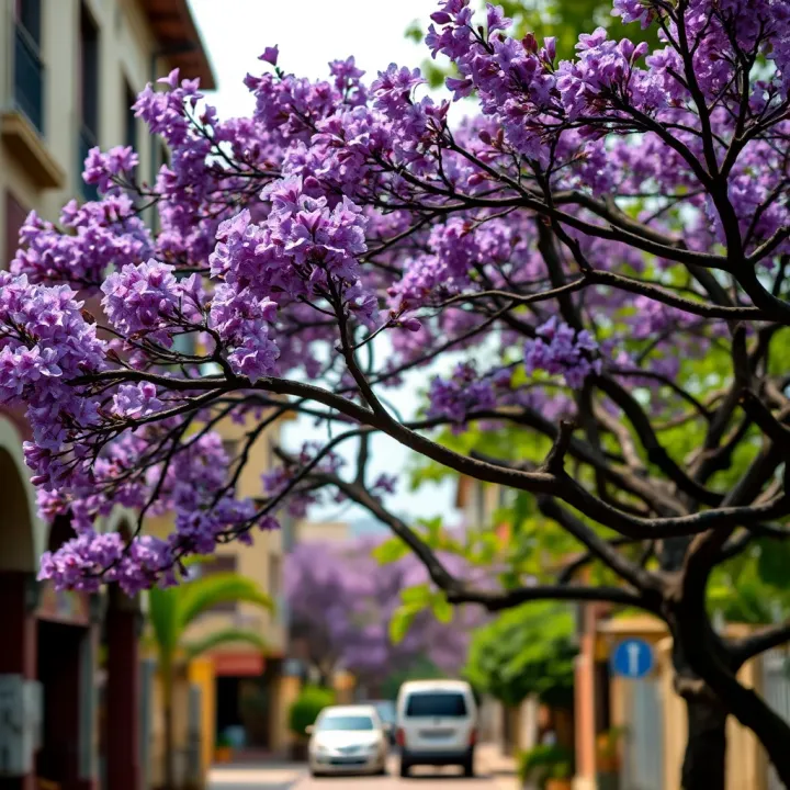 Jacaranda tree with vibrant purple flowers in a Nigerian urban street setting