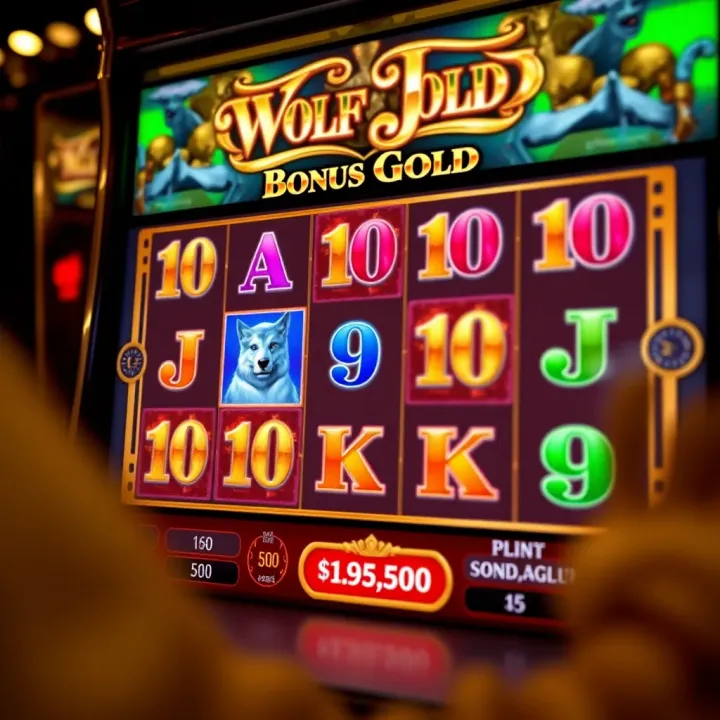 Slot machine screen showing bonus features and jackpot symbols in action