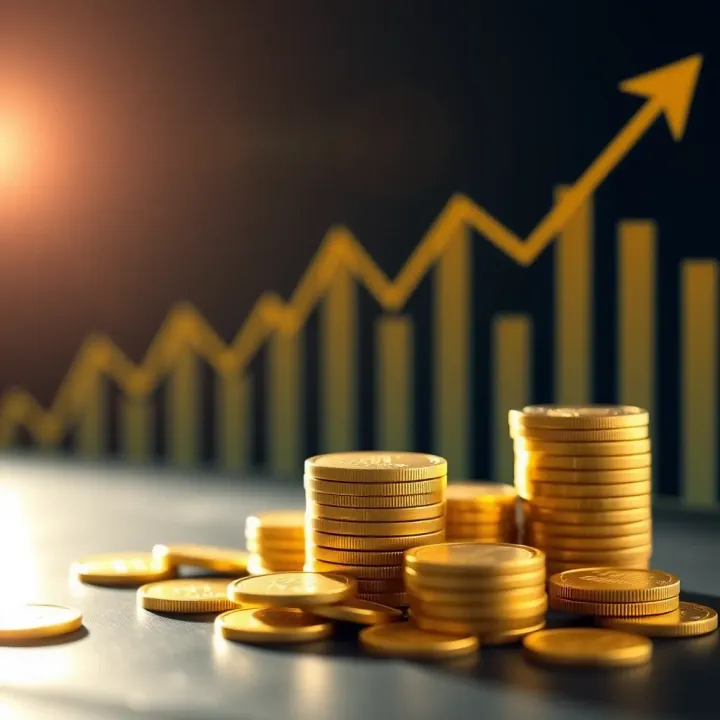 Golden coins stacked with a backdrop of a rising financial graph symbolizing growth in gold investment