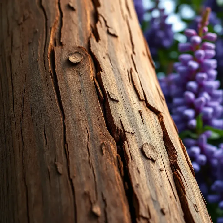 Close-up of jacaranda wood showcasing texture and grain with purple flowers in background