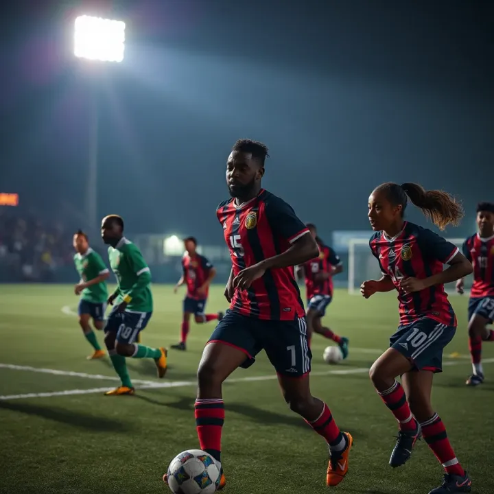 Players from diverse backgrounds competing passionately on the football field under bright floodlights