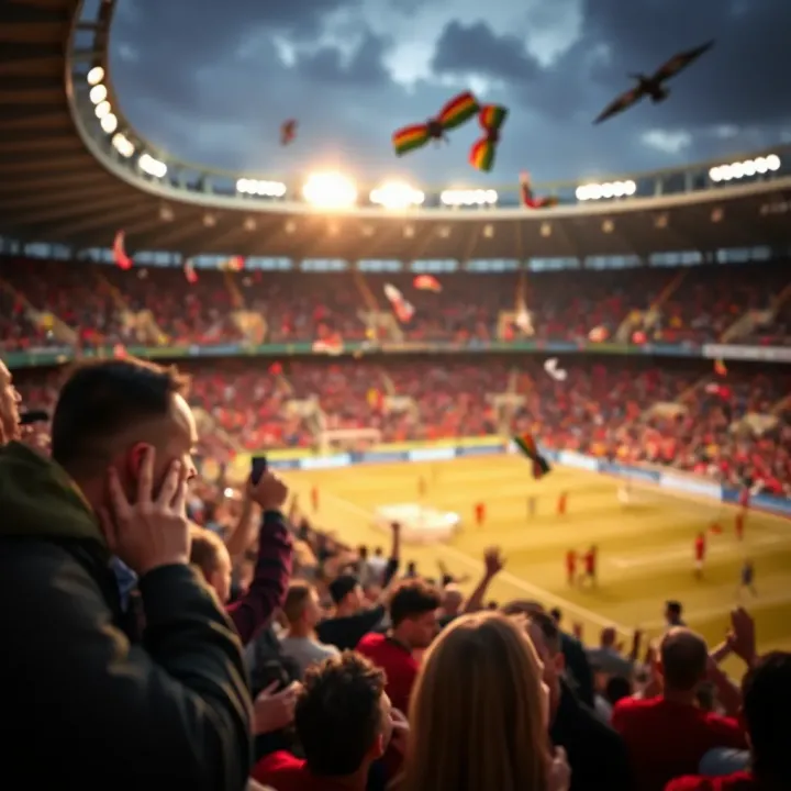 A vibrant football stadium filled with enthusiastic fans celebrating during a Jacaranda World Cup match