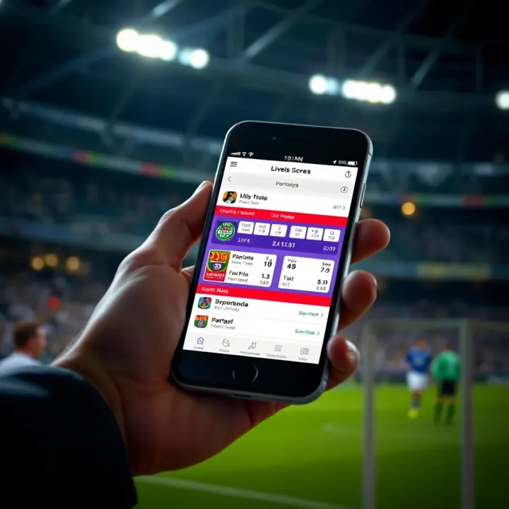 Mobile phone displaying live sports scores and match statistics on a digital platform