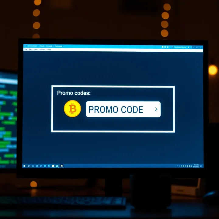 Graphic showing a computer screen displaying promo code entry box with coins and percentage symbols
