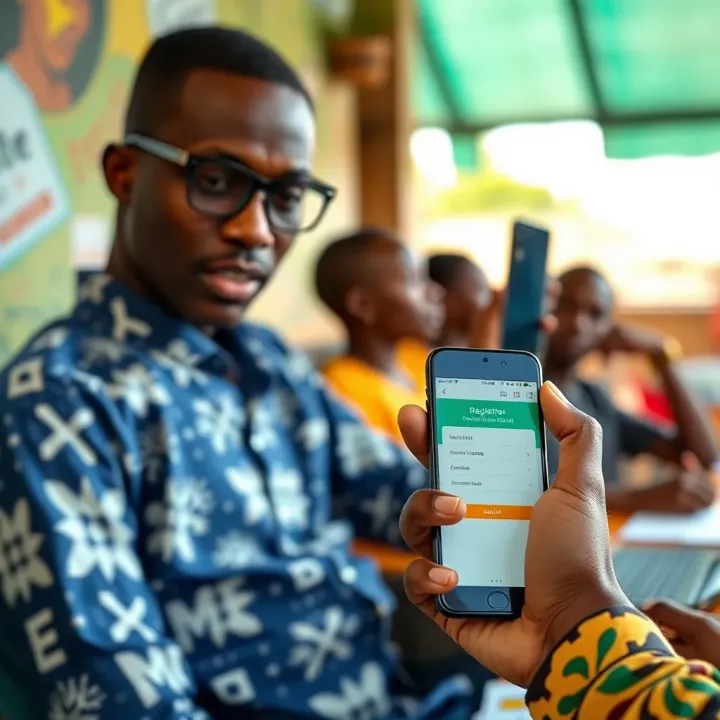 Mobile phone displaying Mlite Jacaranda registration screen in Nigerian setting