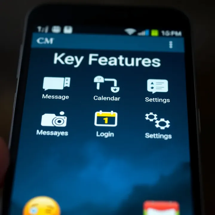 Display of the main menu with icons representing core features such as messaging, calendar, and settings