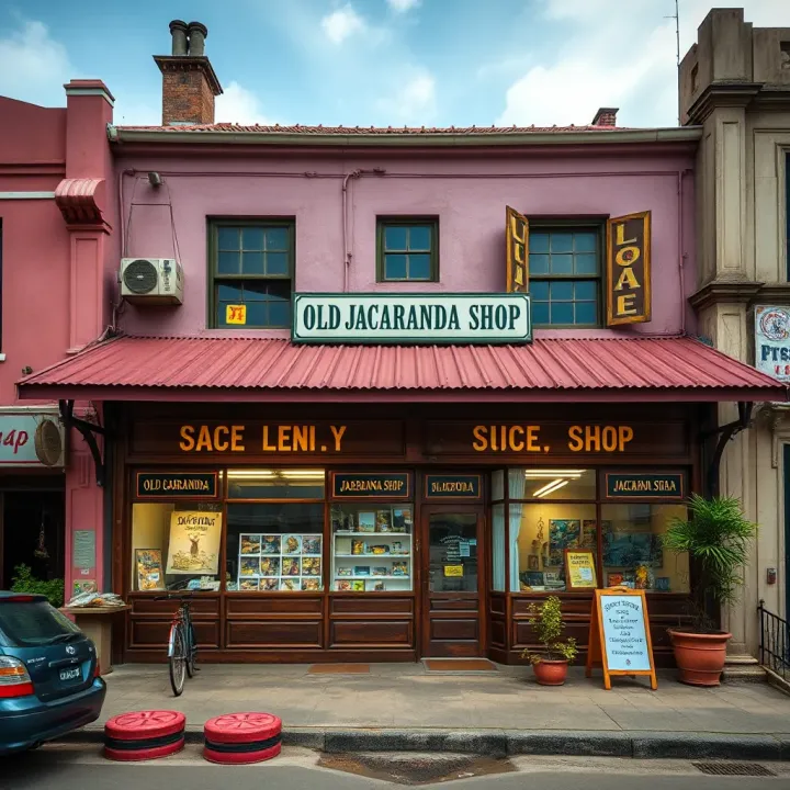 Front view of the Old Jacaranda Shop showcasing its vintage architectural design and traditional storefront