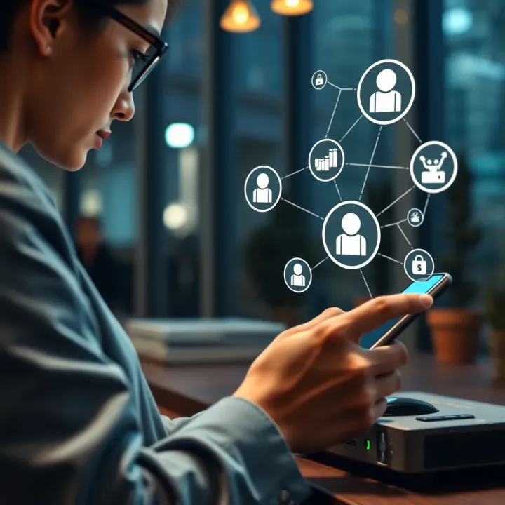 Professional working remotely using a smartphone with connectivity icons