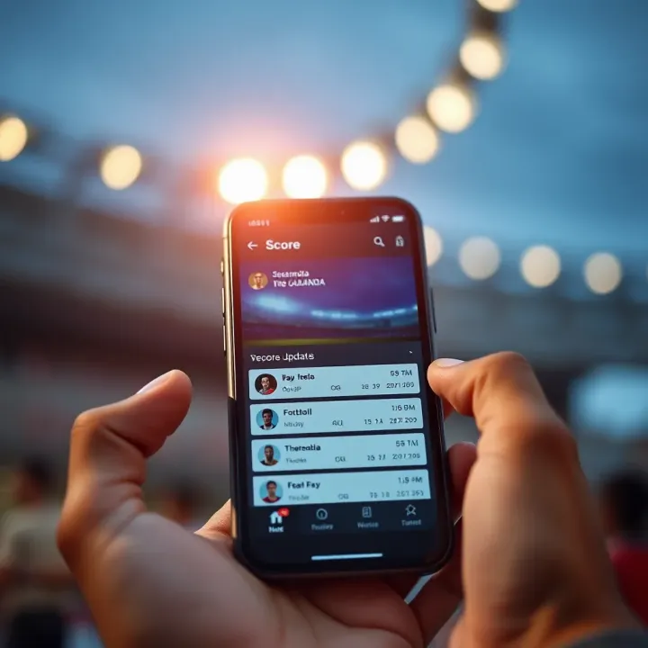 Mobile phone displaying real-time football scores and updates with a smooth streaming interface