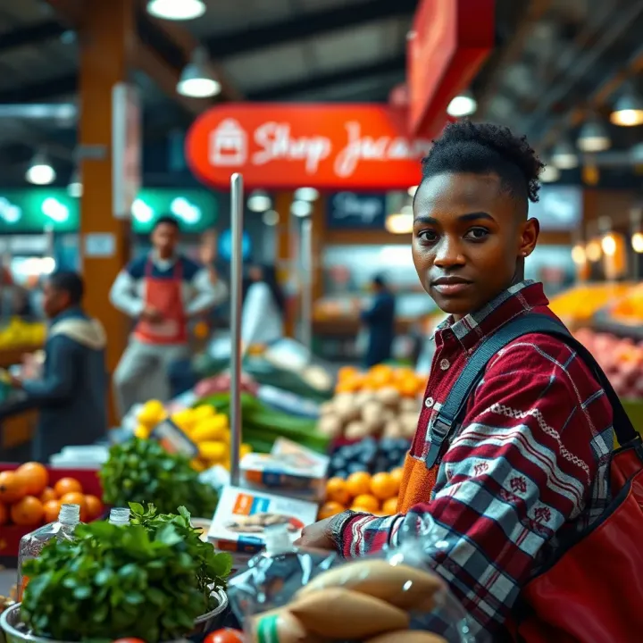 Vendor confidently selling products at a marketplace with Shop Jacaranda branding visible