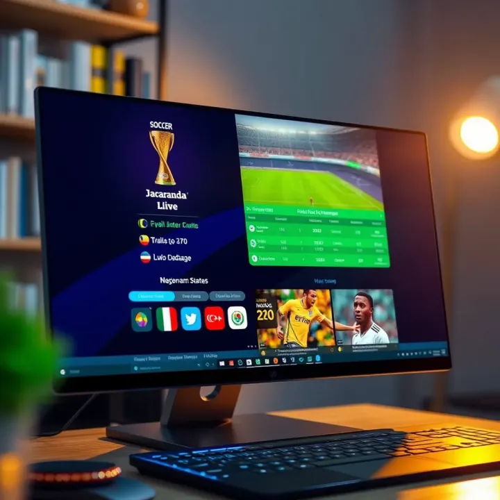 Streaming African Football Tournaments Live on Jacaranda from a Desktop Desktop computer screen displaying African football tournament live stream with match statistics