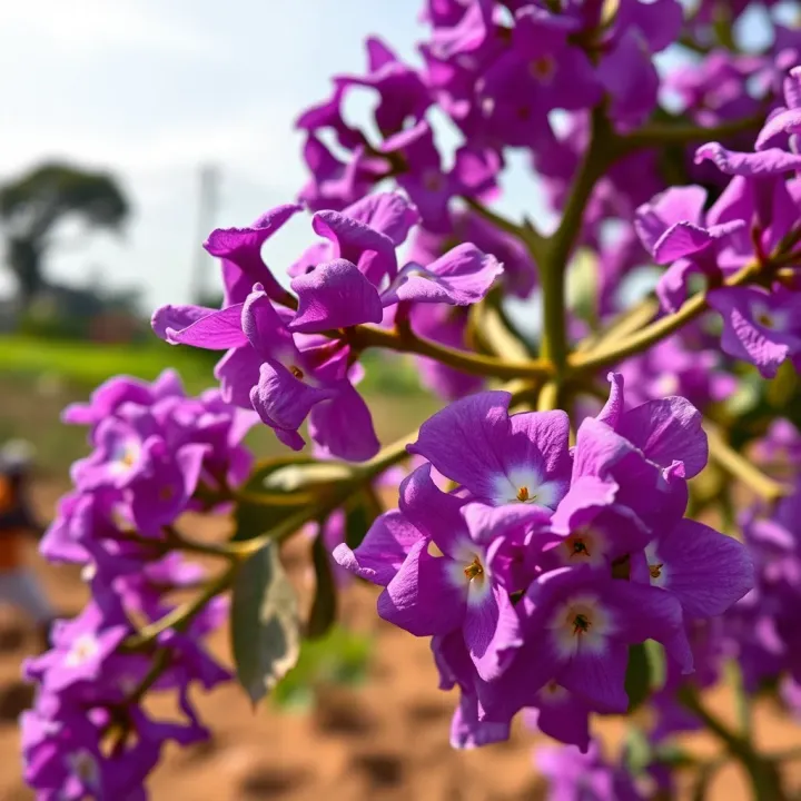 Close-up of vibrant Jacaranda flowers highlighting their color and structure against a rural Nigerian backdrop