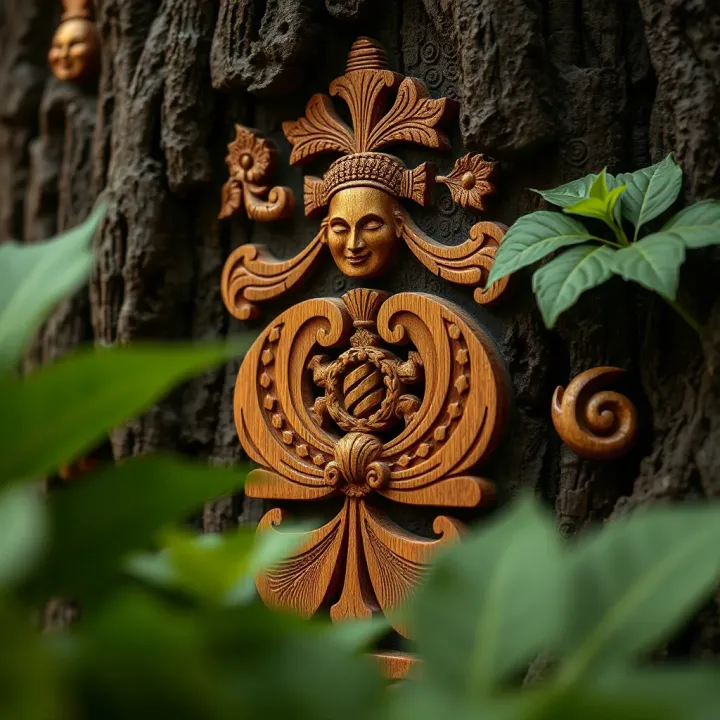 Intricate carving of traditional Nigerian motifs inspired by jacaranda wood patterns