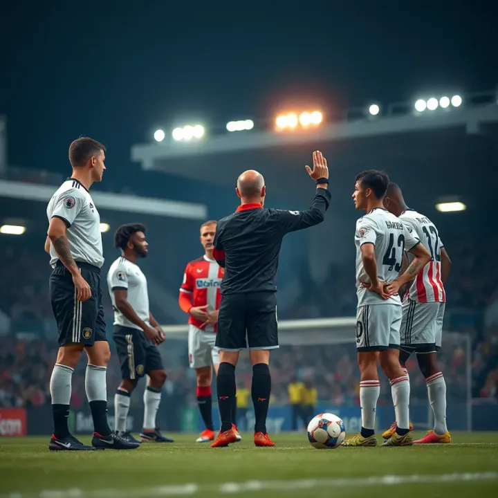 Illustration of a fixed football match scenario with a referee and players under influence