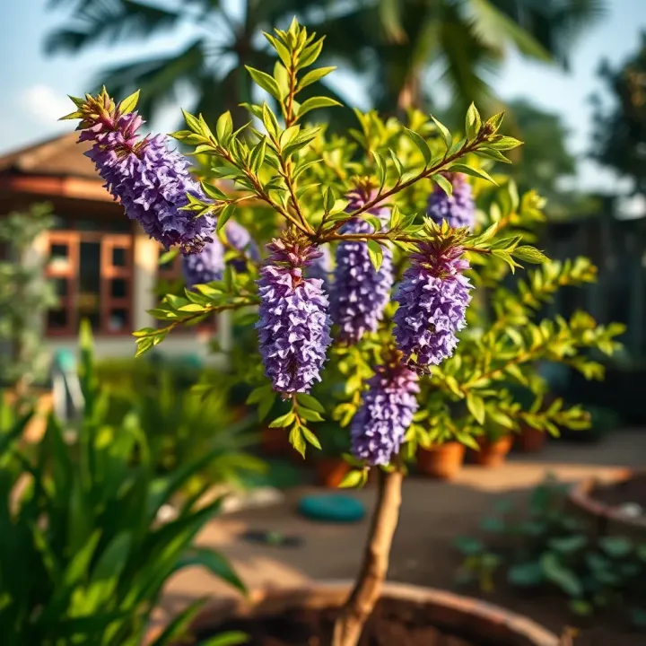 Young jacaranda tree planted in a Nigerian garden environment with lush green surroundings