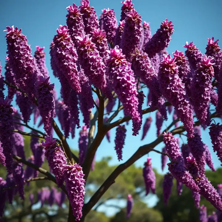 Jacaranda tree in full purple bloom showcasing vibrant flowers under clear sky