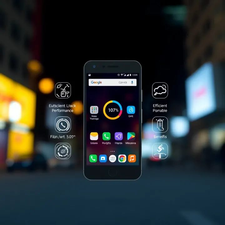 Efficient Performance Features of Mobile Jacaranda Lite Illustration of a smartphone with efficient performance icons representing lightweight app benefits