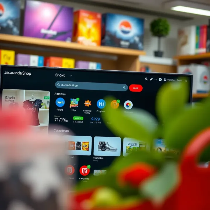 Dashboard displaying diverse product categories and search bar of Web Jacaranda Shop