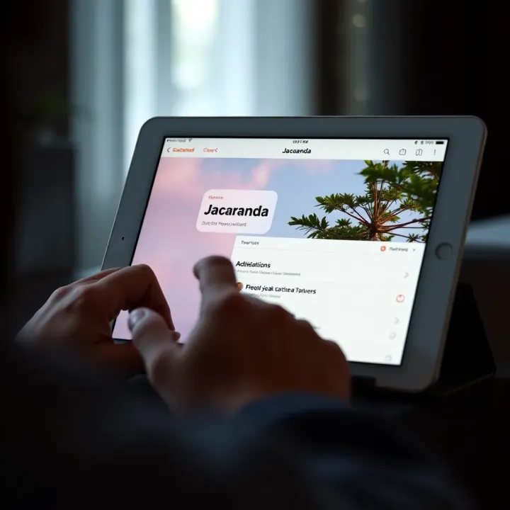 iPad screen showing Jacaranda app main interface with navigation options