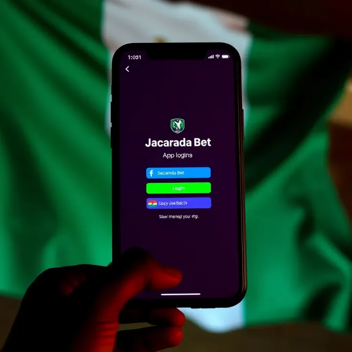 Illustration of Jacaranda Bet app login screen on a smartphone with Nigerian flag in the background